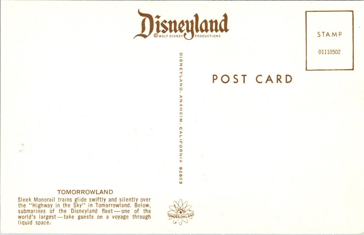 Disneyland Postcard Sleek Monorail Train and Submarine Ride in Tomorrowland