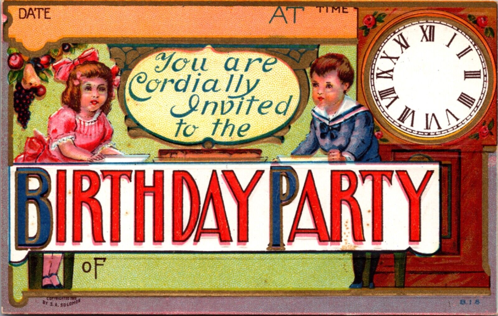 Birthday Party Invitation PC Boy and Girl Children Blank Clock Cordially Invited