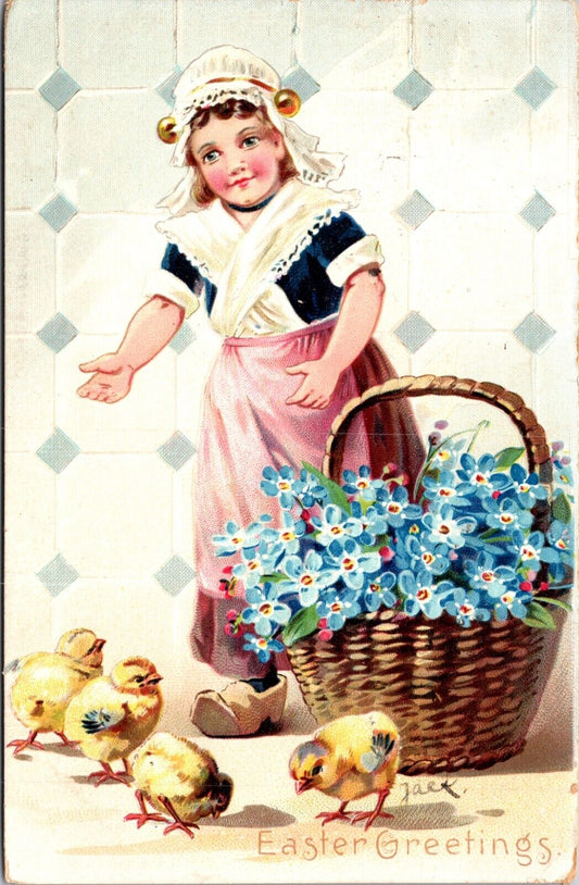 Easter Postcard Dutch Girl with Basket of Forget-Me-Not Flowers and Chicks