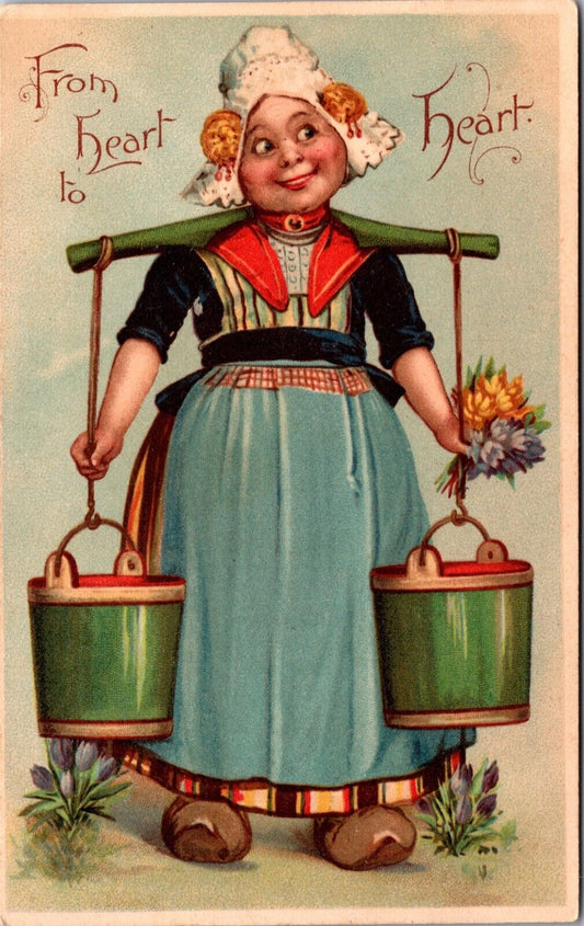 Unsigned Brundage Valentine Postcard Dutch Woman Carrying Water on Shoulders