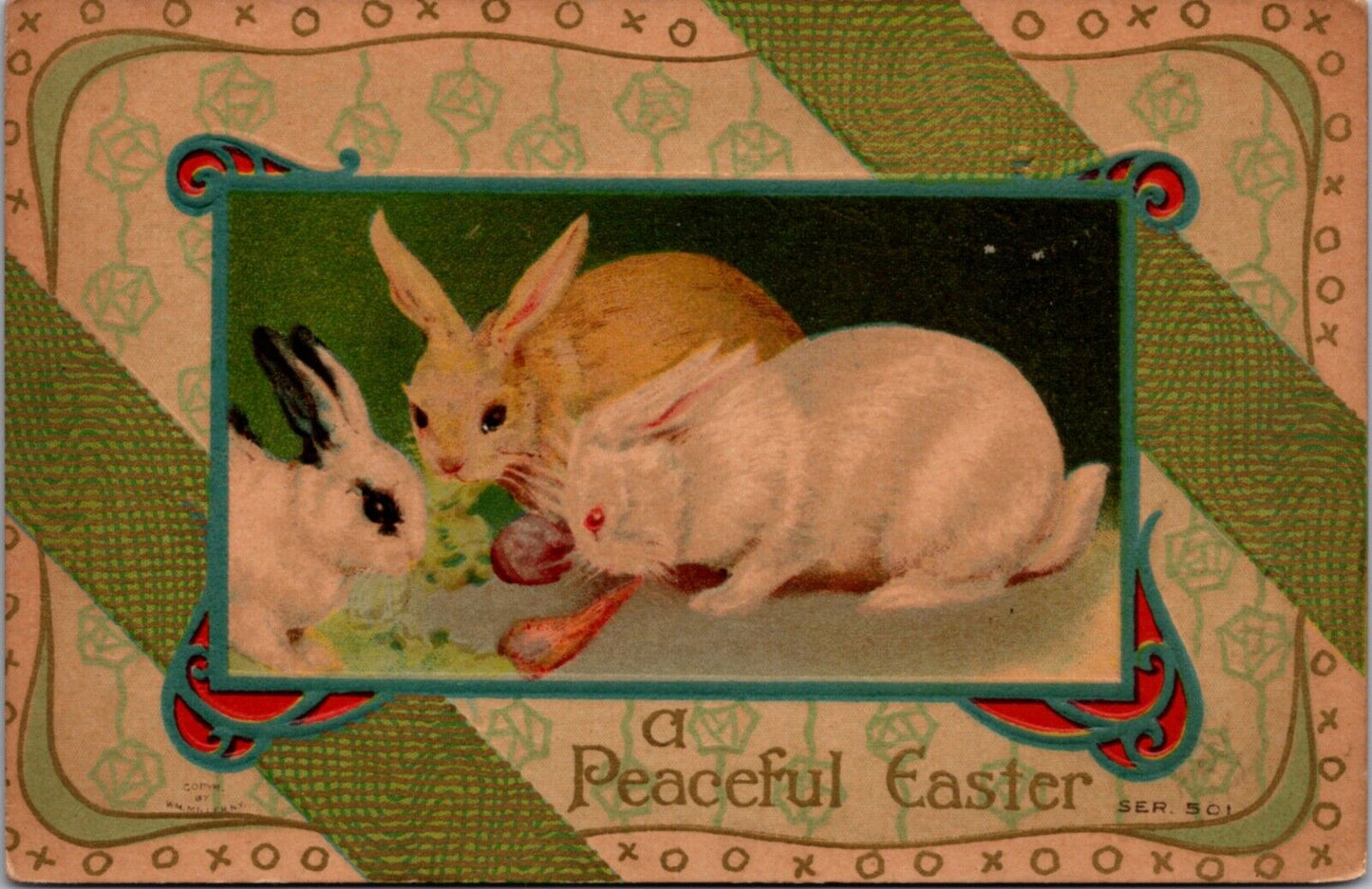 Easter Postcard Three Bunny Rabbits Eating Vegetables A Peaceful Easter