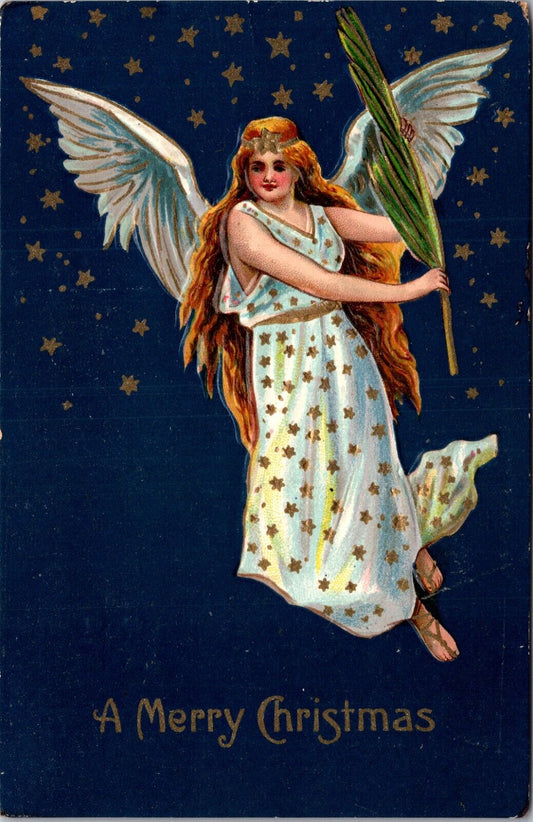 Christmas Postcard Angel Flying in the Sky