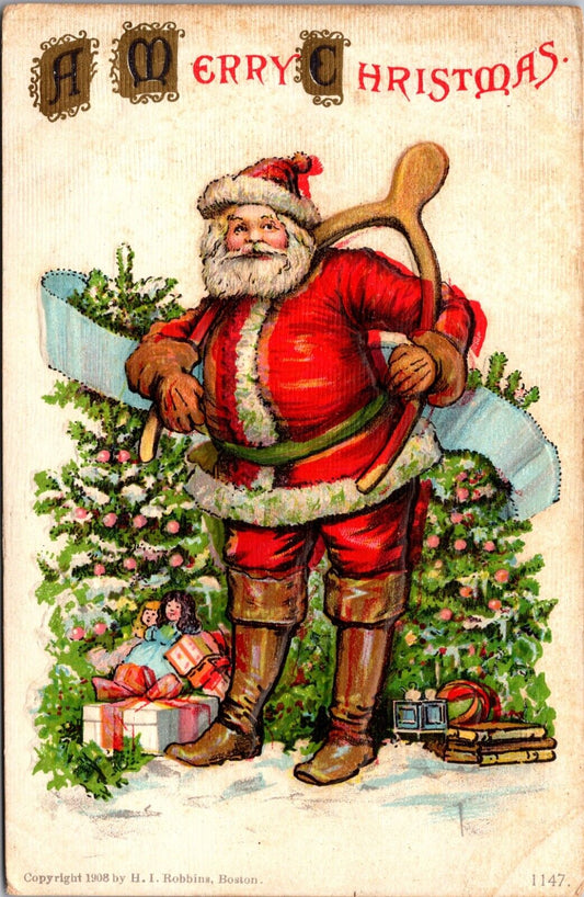 1908 Christmas Postcard Santa Claus Holding a Giant Wishbone Trees Toys Dolls