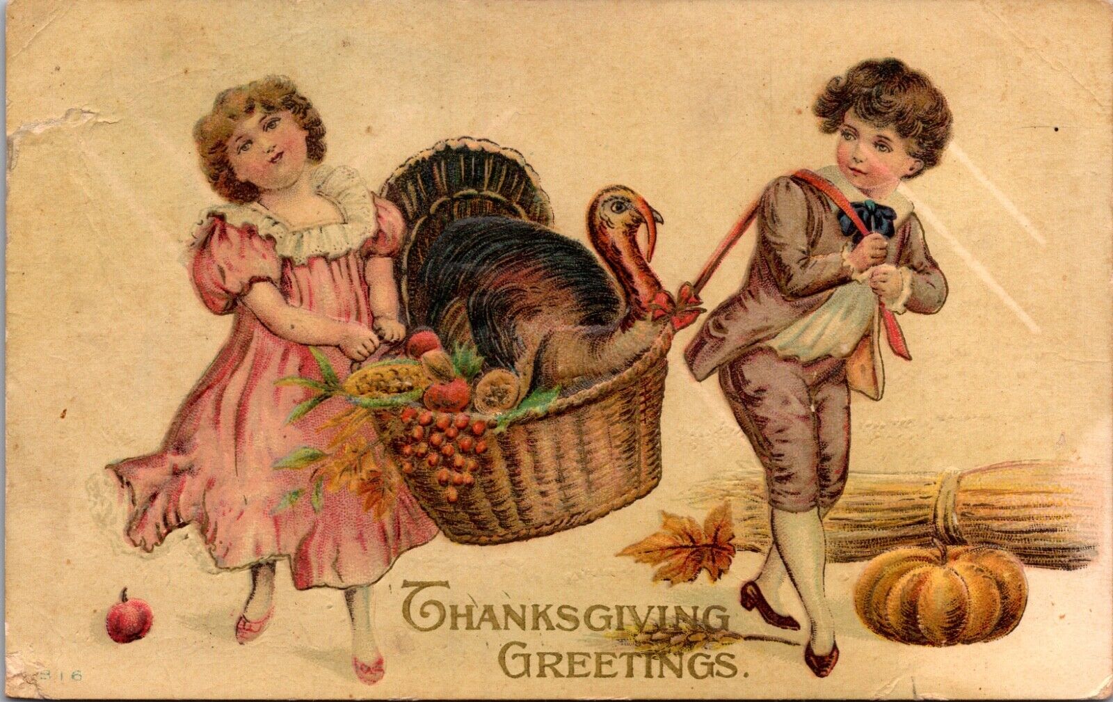 Thanksgiving Postcard Two Children Carrying a Turkey in a Wicker Basket