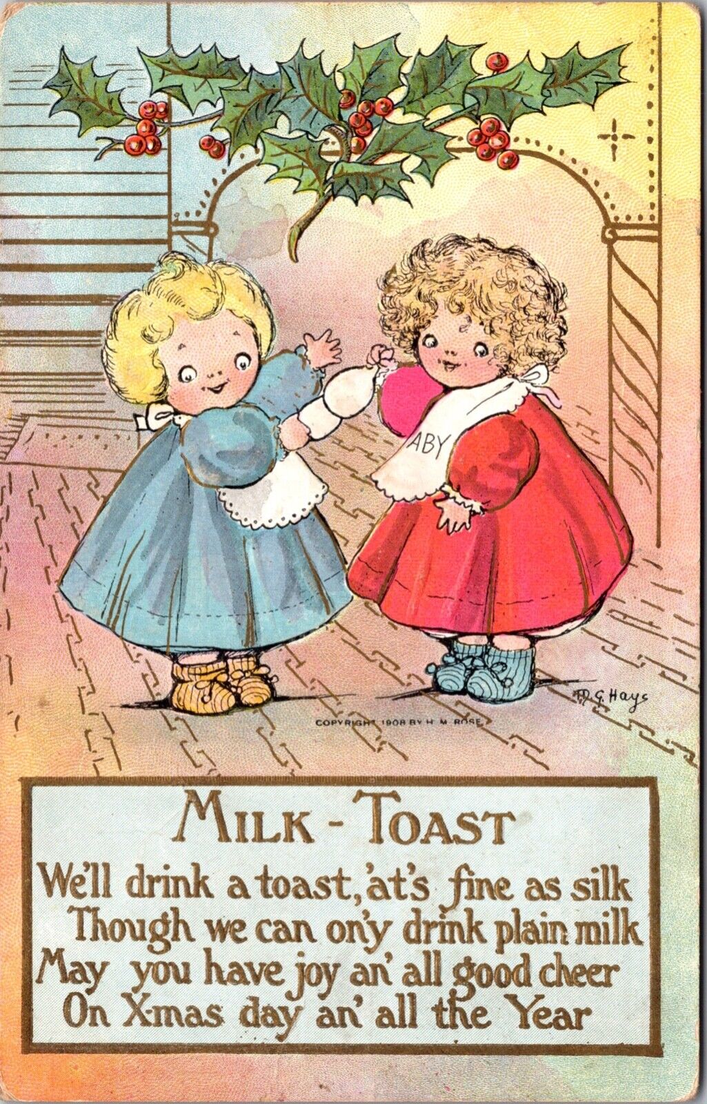 Christmas Postcard Baby Girls Having a Milk Toast, Holly