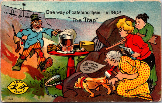 1908 Leap Year Comic Postcard Women Set Trap For Man With Mug of Beer