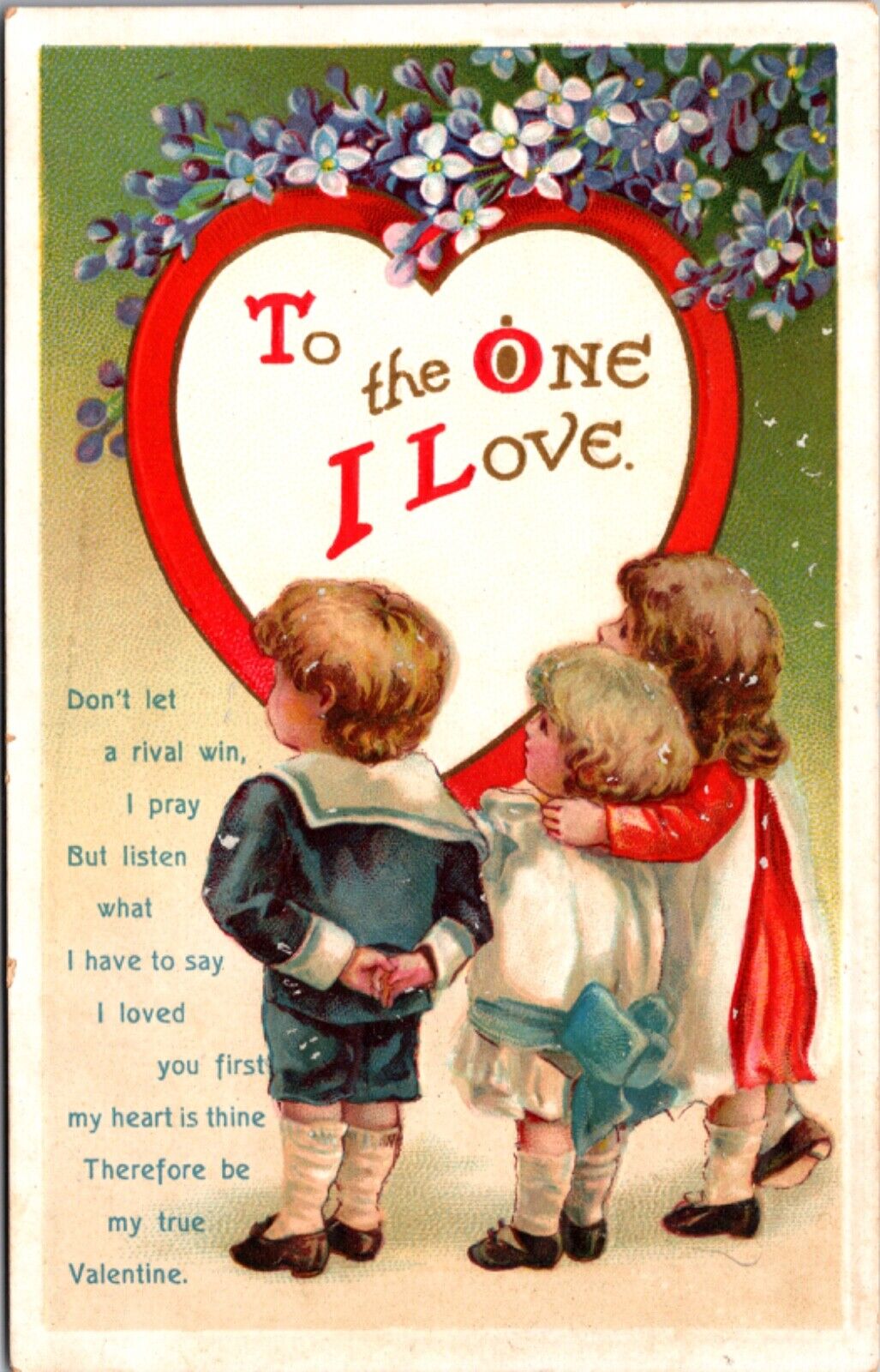 Valentine's Day Postcard Three Children Poem Purple Flowers Sailor Dressed Boy