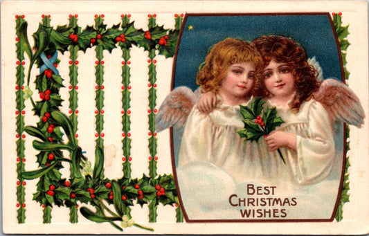 Christmas Postcard Two Angel Girls with Holly and Mistletoe