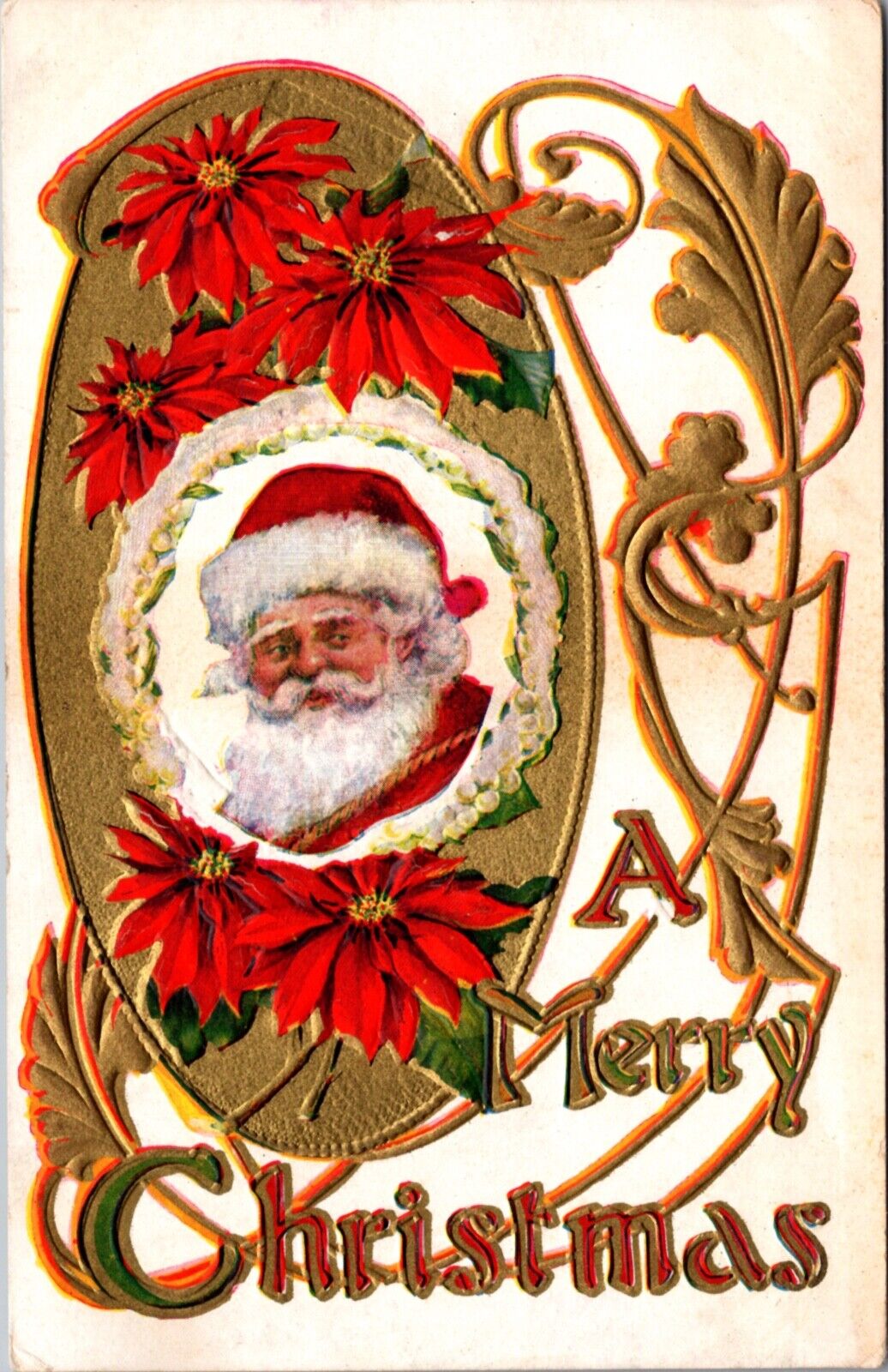 Christmas Postcard Santa Claus and Poinsettias A Merry Christmas