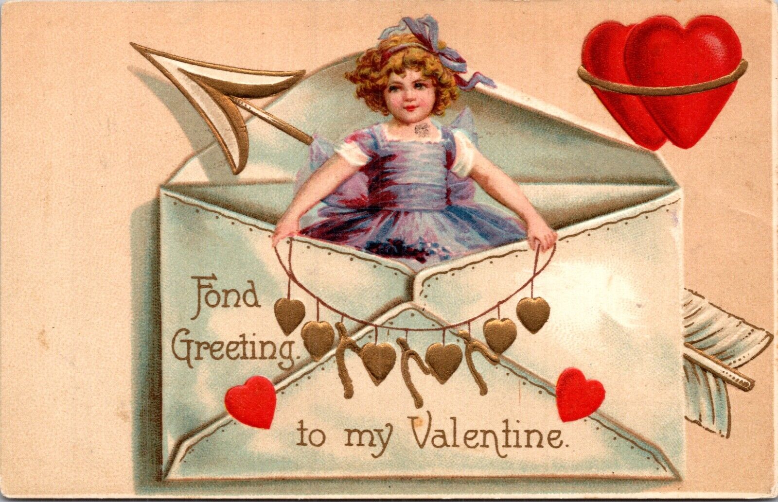 Valentine Postcard Girl Standing In Envelope Holding Gold Hearts and Wishbones