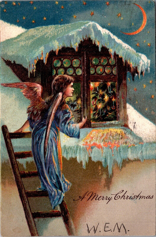 Christmas Postcard Angel Climbing Ladder Looking into Window at Candlelit Tree