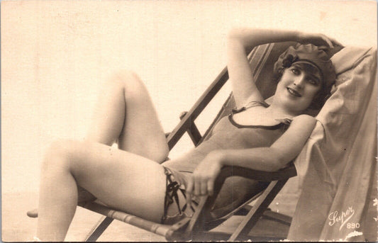 Real Photo Studio Postcard Model Pin Up Girl Bathing Swim Suit Beach Chair