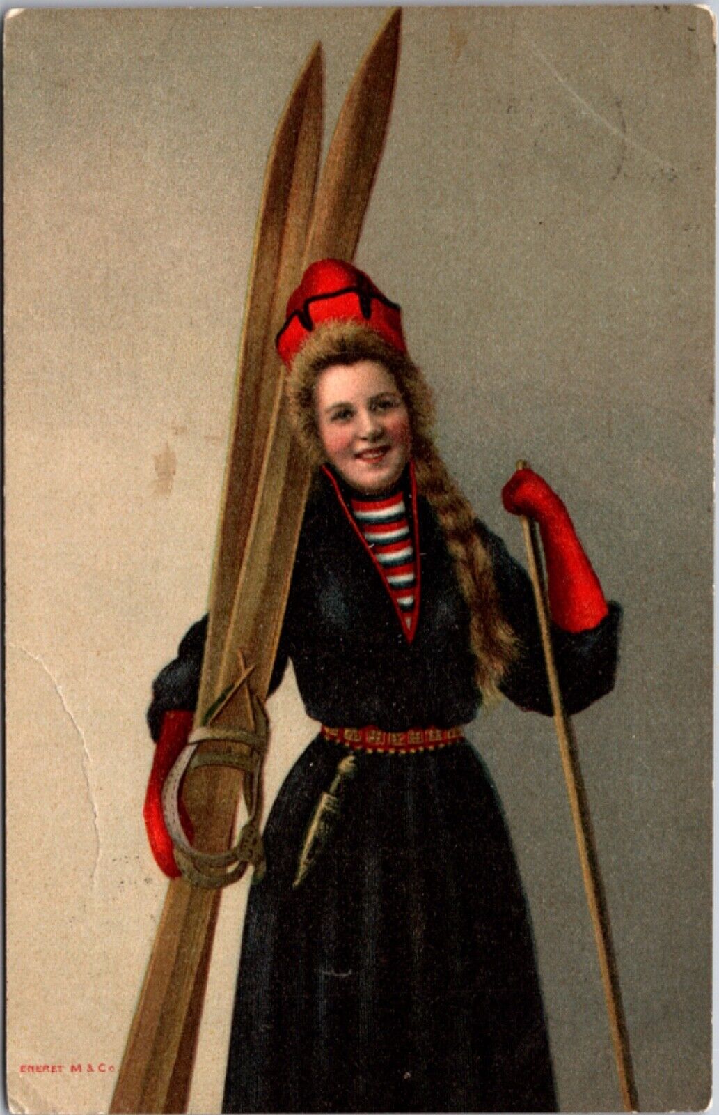 Artwork Postcard Woman Dressed in Winter Clothing Holding a Pair of Skis