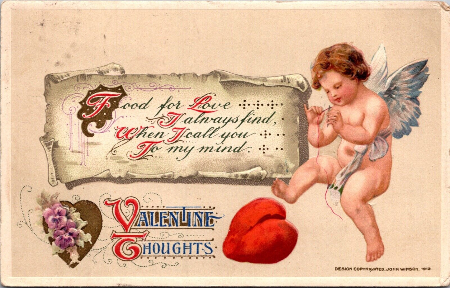 1912 Winsch Valentine Postcard Cupid Cherub Threading Needle to Sew Broken Heart