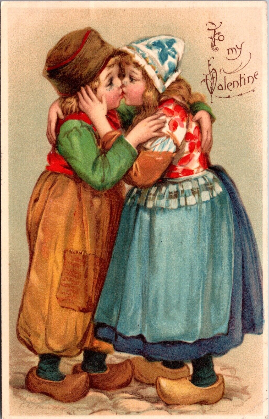 Brundage To My Valentine Postcard Dutch Boy and Girl Kissing