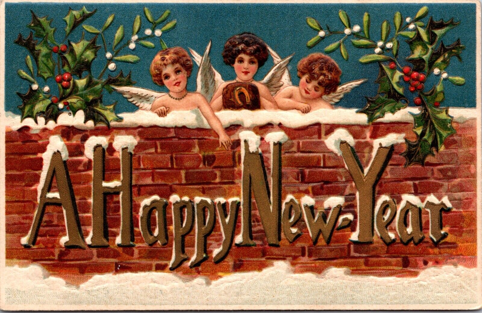 A Happy New Year Postcard Cupid Cherub Angels Snowy Brick Wall Horseshoe Holly