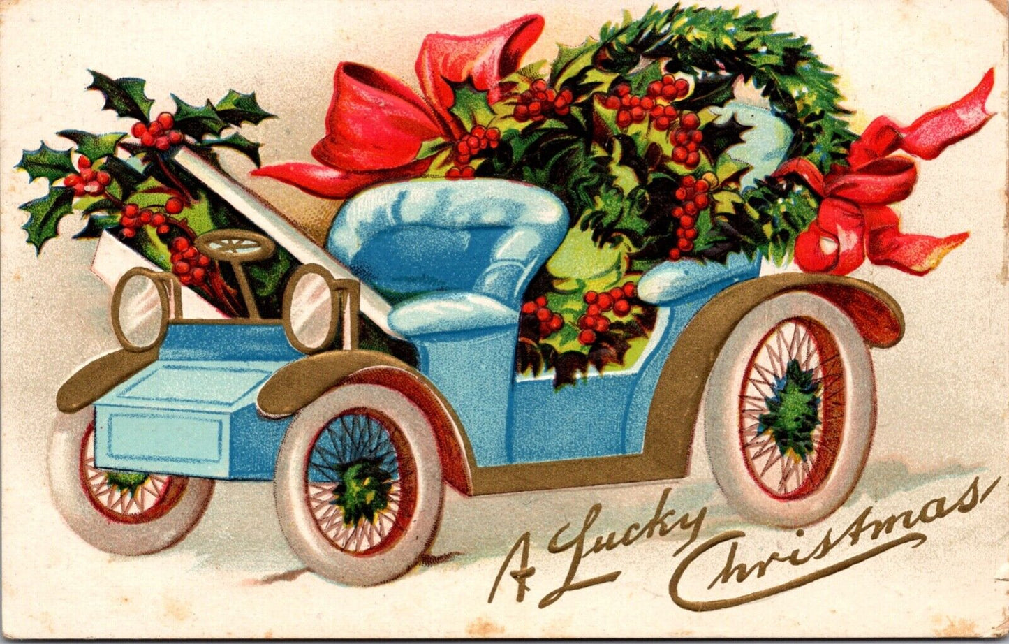 Christmas Postcard Automobile Filled with Holly Wreaths