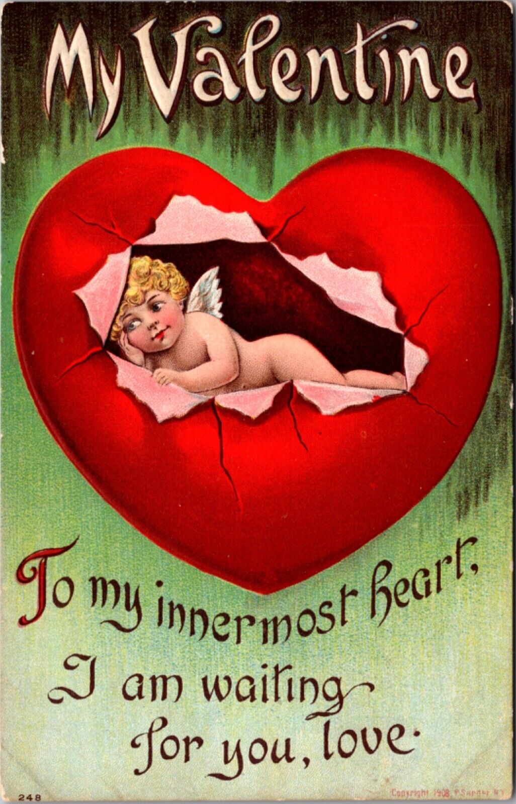 Valentine Postcard Cherub Cupid Tearing Through Inner Most Heart