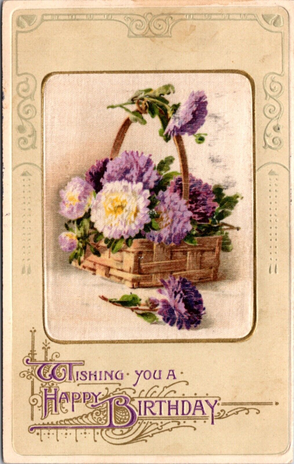 Silk Postcard Wishing You a Happy Birthday Basket Full of Purple Flowers