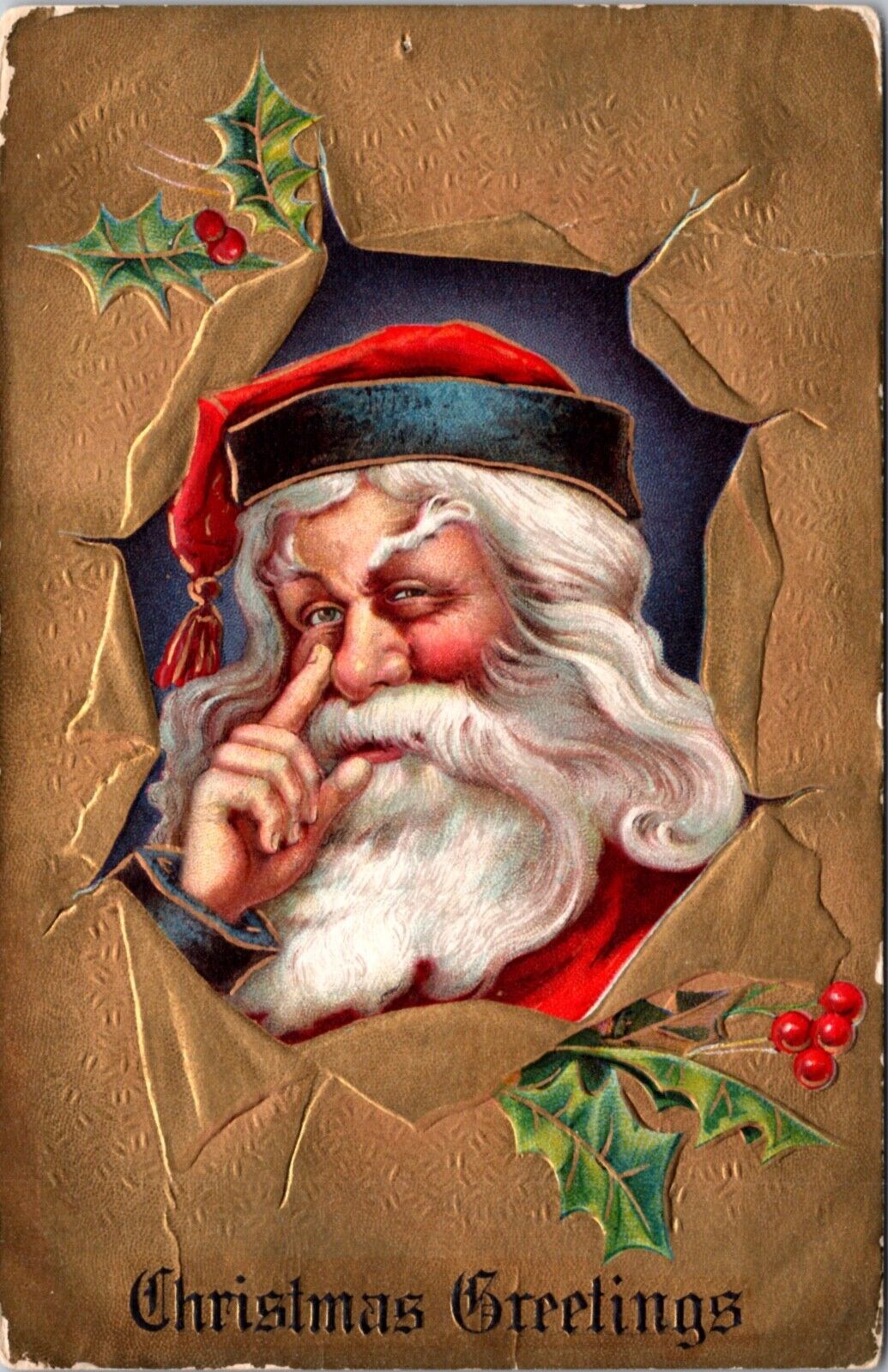 Christmas Postcard Santa Claus Finger to Nose Tearing Through Gold Paper Holly