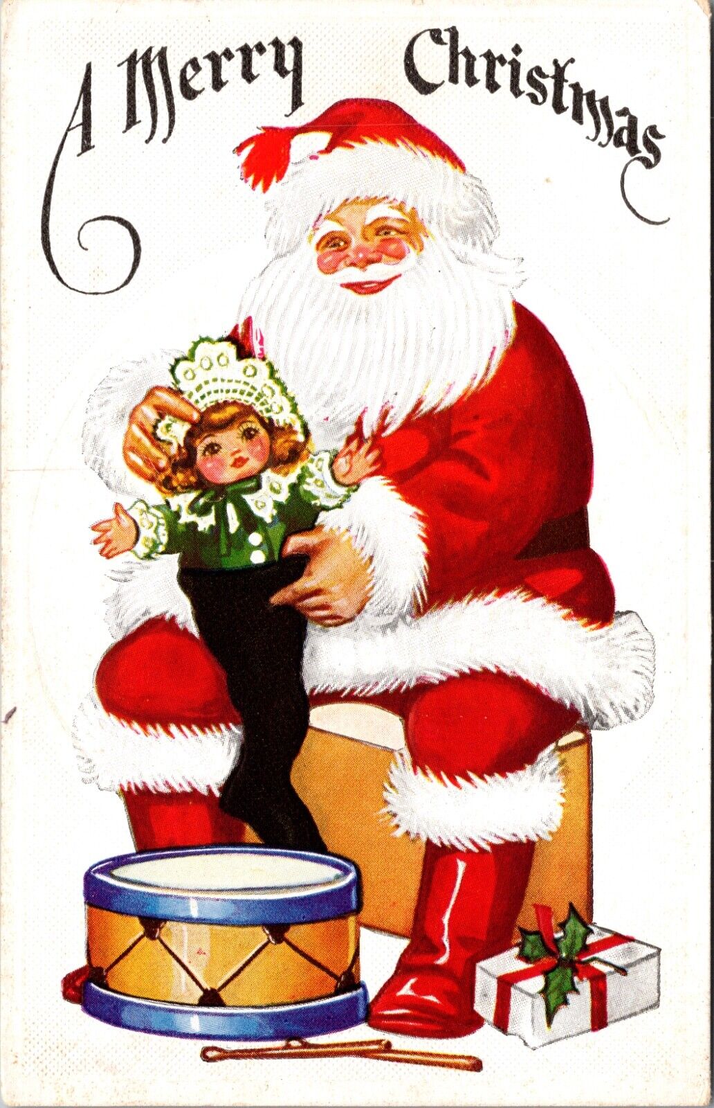 Christmas Postcard Santa Claus Putting Doll Into Stocking Drum Present Gift