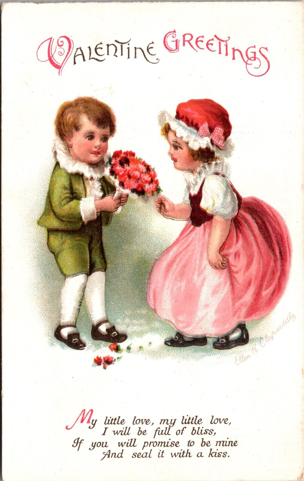 Clapsaddle Valentine Greeting Postcard Boy Giving Girl a Bouquet of Flowers