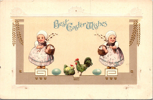 Easter Postcard Children Pussy Willow Colored Eggs Chickens Baskets of Eggs