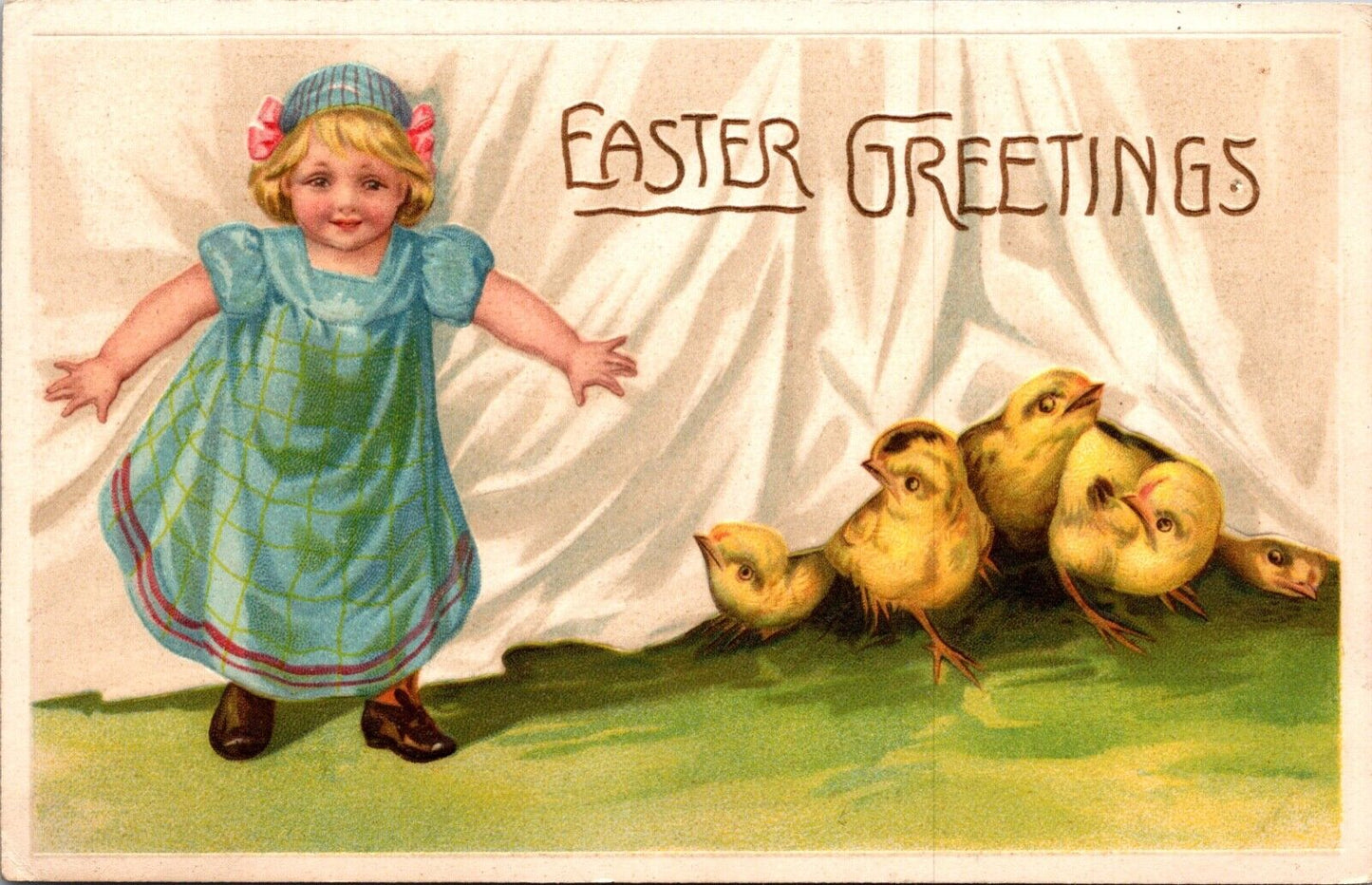 Easter Postcard Little Girl Hiding Chicks Under Behind Sheet Curtain~3974