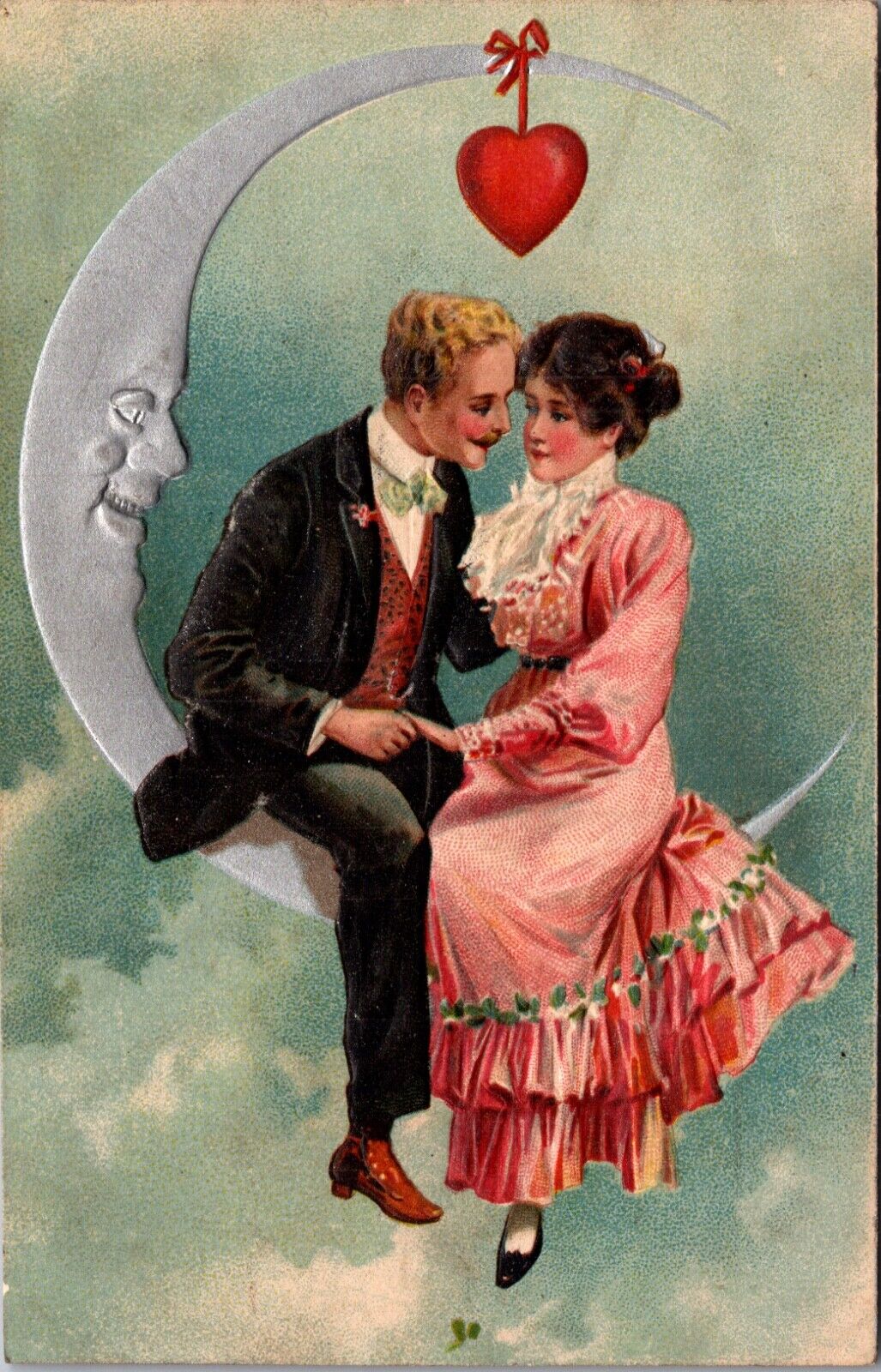 Valentine PC Man and Woman Sitting on a Silver Crescent Moon Heart Overhead