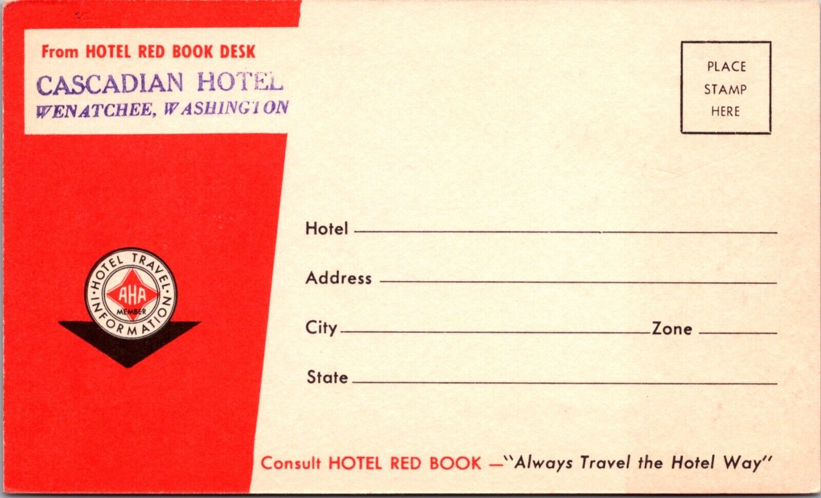 Reservation Postcard Hotel Red Book Desk, Cascading Hotel, Wenatchee, Washington