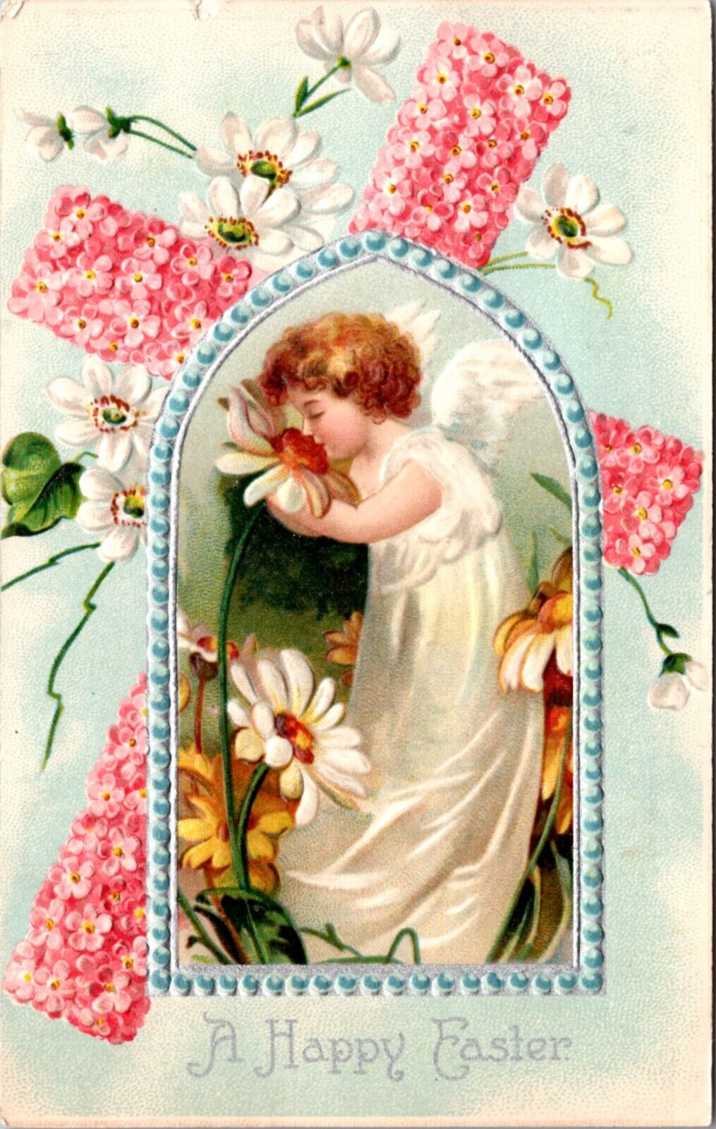 Easter Postcard Angel Smelling a Daisy Cross Made of Pink Flowers