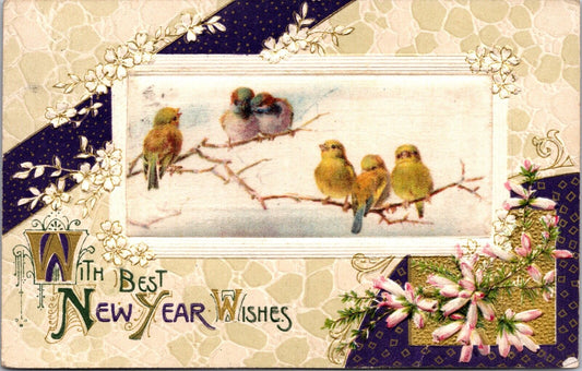 Silk New Year Postcard Little Birds Sitting on a Tree Branch Flowers