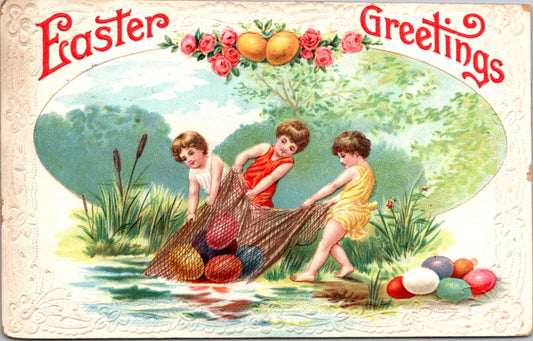 Easter Postcard Three Children Boys Pulling Colored Eggs Out of Water with Nets