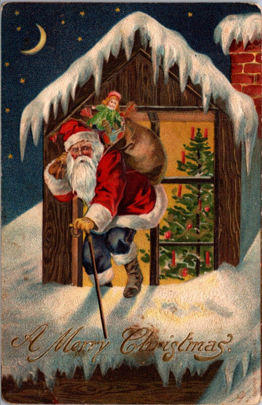 Christmas PC Blue Pants Suit Santa Claus Using Cane to Climb Out House Window