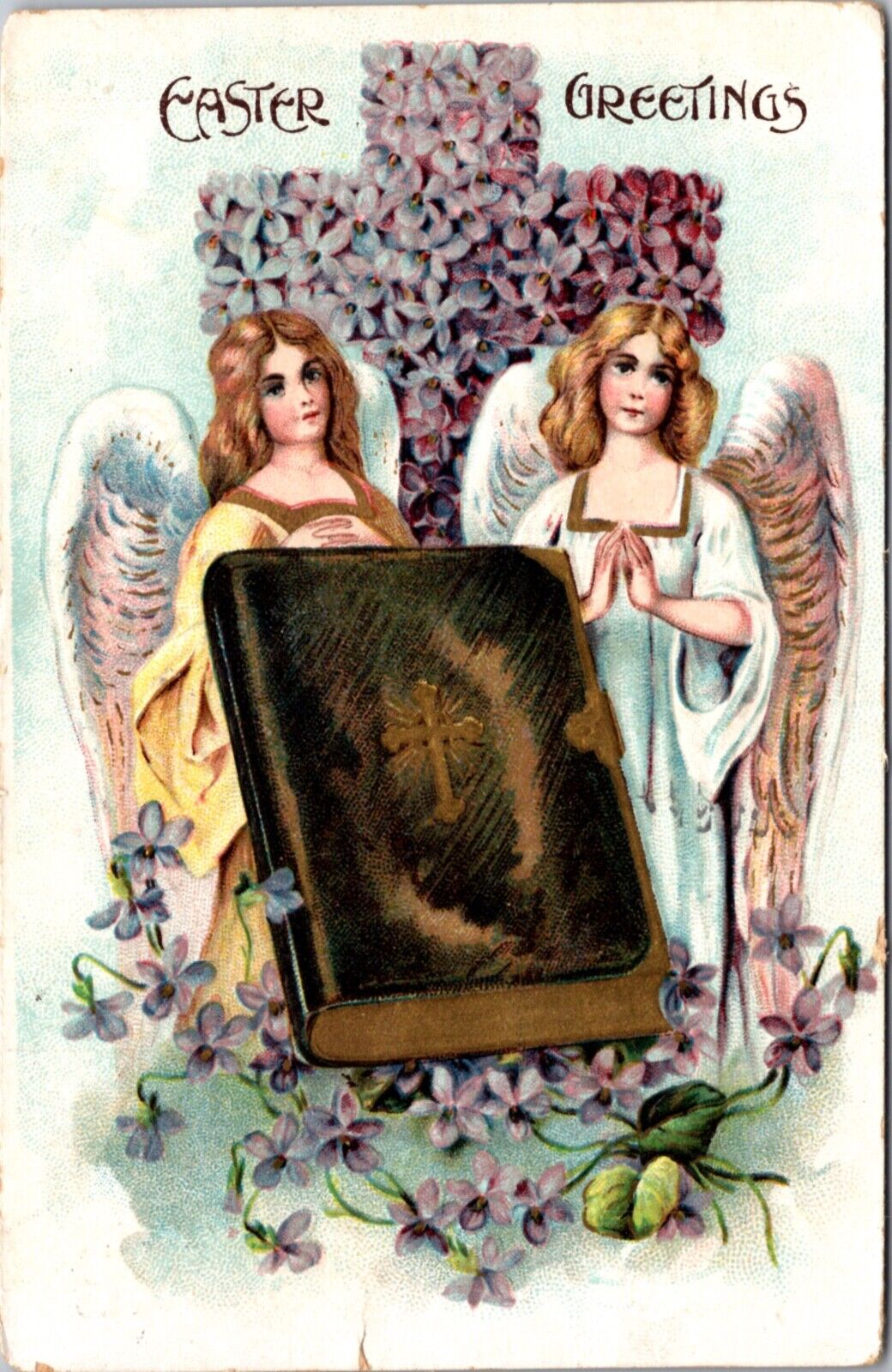 Easter Greetings Postcard Two Angels Praying Bible Cross Made of Flowers