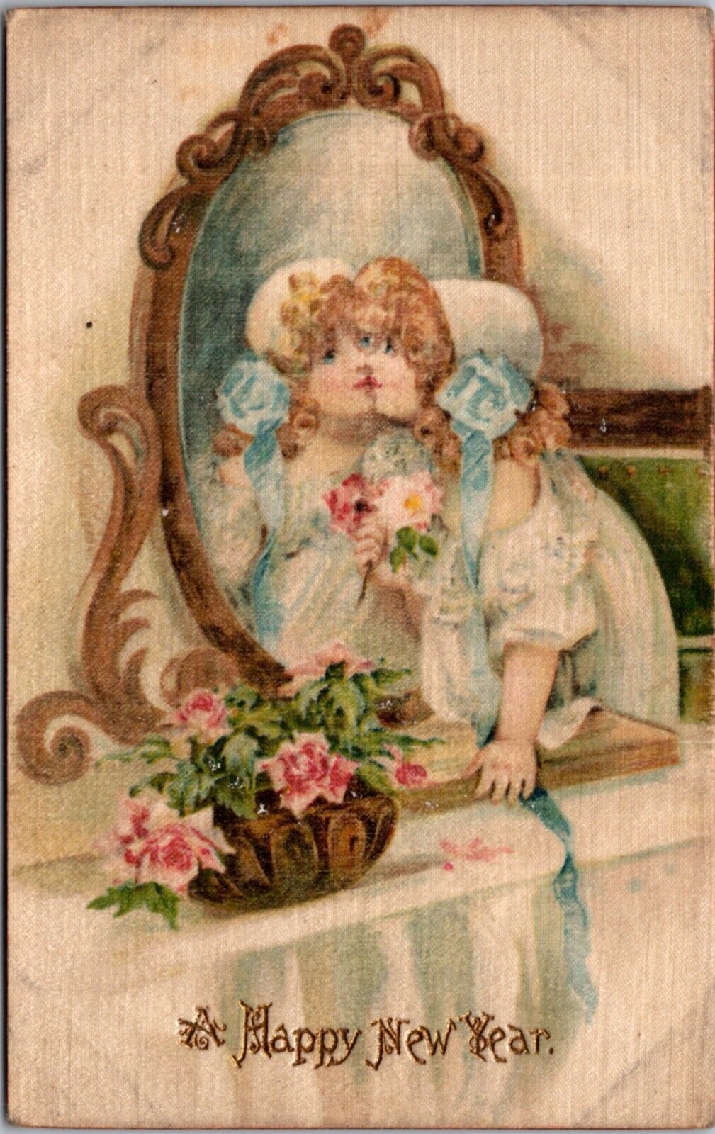 Silk A Happy New Year Postcard Little Girl Kissing Herself in a Mirror Pink Rose