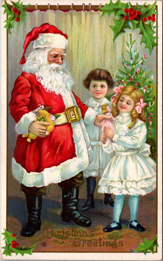 Christmas Postcard Santa Claus Handing Doll to Little Girl Decorated Tree Toys