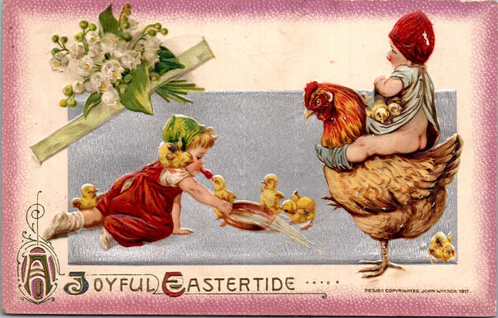 Winsch 1911 Easter Postcard Children Riding Chicken Giving Chicks Water Flowers