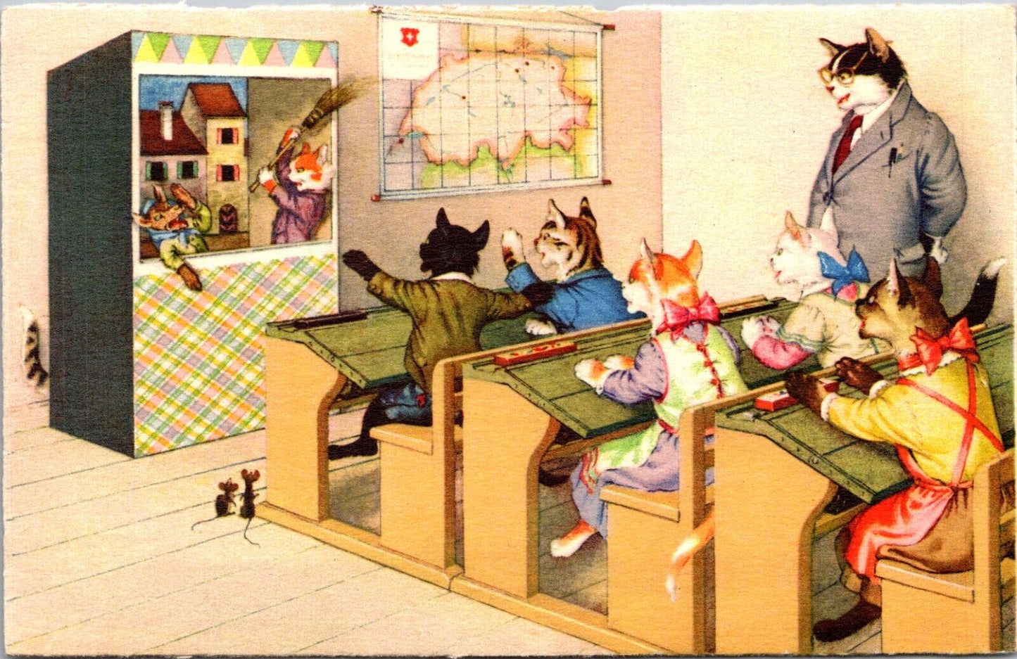 Alfred Mainzer Postcard Dressed Cats Watching Puppet Show in Classroom