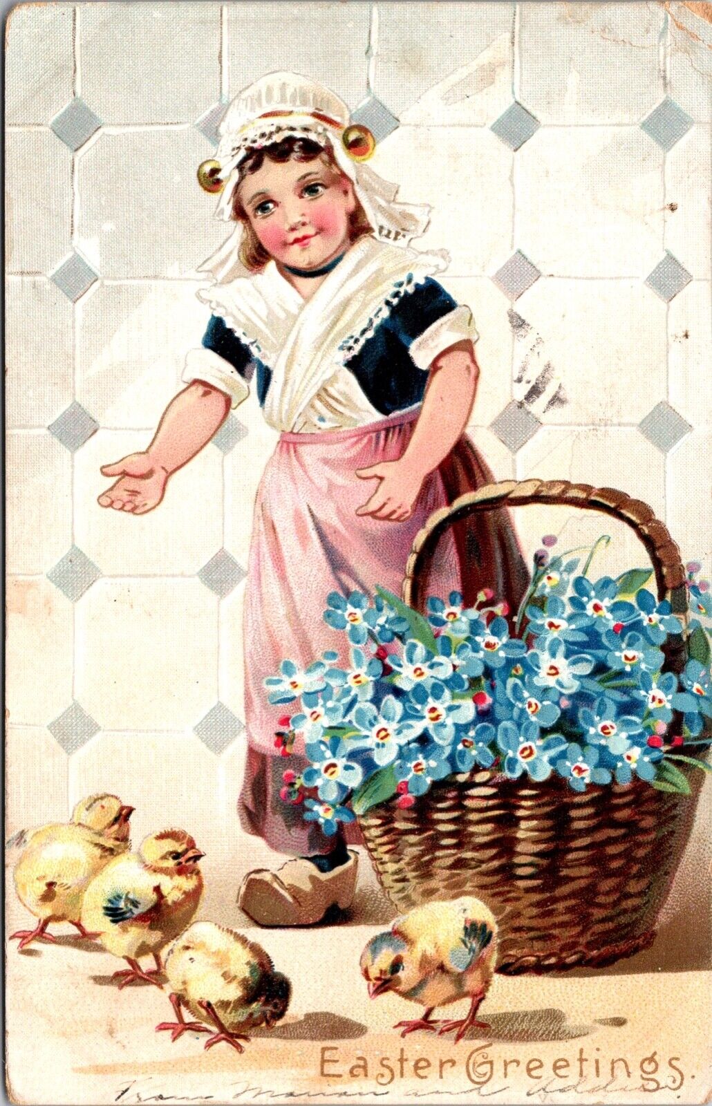 Easter Postcard Little Dutch Girl with Chicks Basket of Blue Flowers~138701