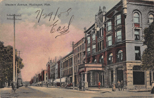 Tinted Postcard Western Avenue in Muskegon, Michigan~118837