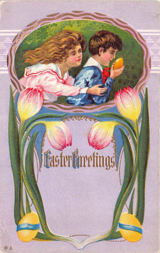 Easter Postcard Girl Chasing Boy Stealing Colored Egg Tulip Flowers~127006