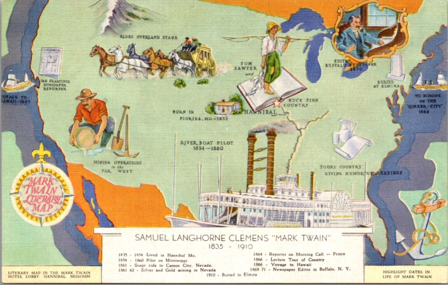 Samuel Langhorne Clemens Mark Twain Literary Map Hotel Lobby Hannibal Missouri