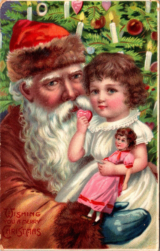 Christmas Postcard Brown Blue Suited Santa Claus Holding Little Girl with a Doll