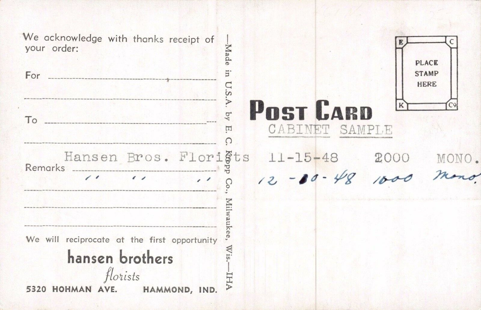 Advertising Postcard Hansen Brothers Florists in Hammond, Indiana~127306