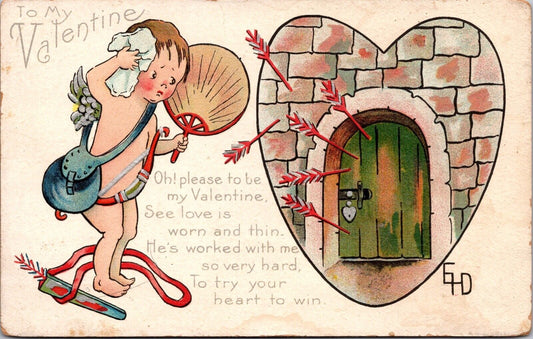 Valentine Postcard Cupid Boy Trying to Shoot Arrows Through Locked Door~3535