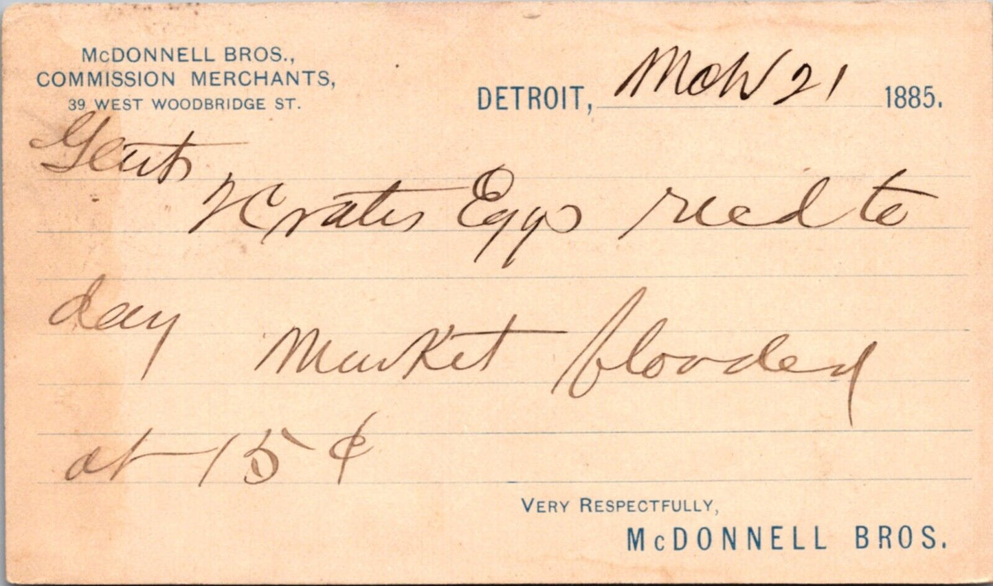 1885 Postcard McDonnell Brothers Commission Merchants in Detroit, Michigan