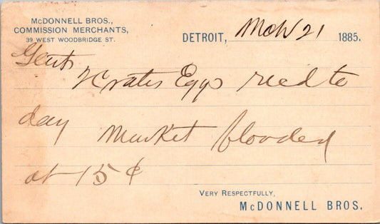 1885 Postcard McDonnell Brothers Commission Merchants in Detroit, Michigan