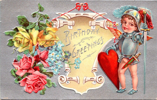 Birthday Greetings Postcard Cupid Cherub Dressed as Knight Roses Heart Sword