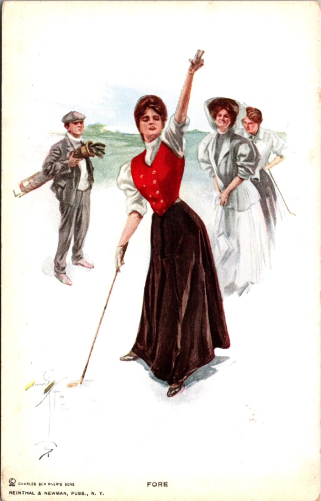 Artwork Postcard FORE Woman Golfing Couples Playing Golf